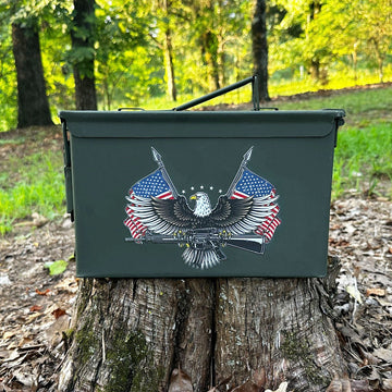 30 Cal, 50 Cal or Fat 50 Cal Ammo Cans Used with UV Printed "Eagle and Flag" - ATOM Promotions
