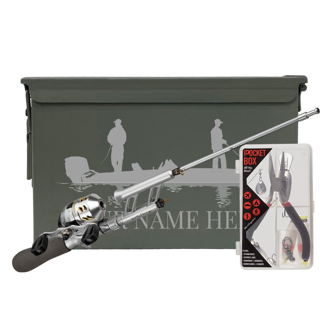 Fishing Combo Gift Set - Spincast Pocket Combo, Tackle Box Laser Engraved Used Fat 50 Cal Ammo Can 