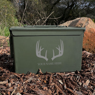 Laser Engraved - ANTLERS - Used Grade 1 Ammo Cans - 30 Cal, 50 Cal or Fat 50 - ATOM Promotions
