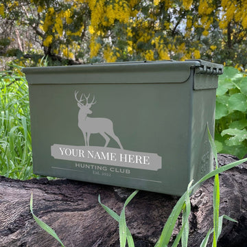 Laser Engraved - DEER HUNTING CLUB - Used Grade 1 Ammo Cans - 30 Cal, 50 Cal or Fat 50 - ATOM Promotions