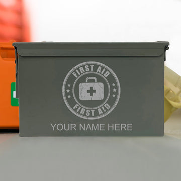Laser Engraved - FIRST AID - Used Grade 1 Ammo Cans - 30 Cal, 50 Cal or Fat 50 - ATOM Promotions
