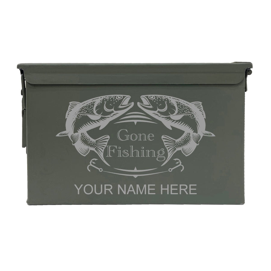 Laser Engraved - GONE FISHING - Used Grade 1 Ammo Cans - 30 Cal, 50 Cal or Fat 50 - ATOM Promotions