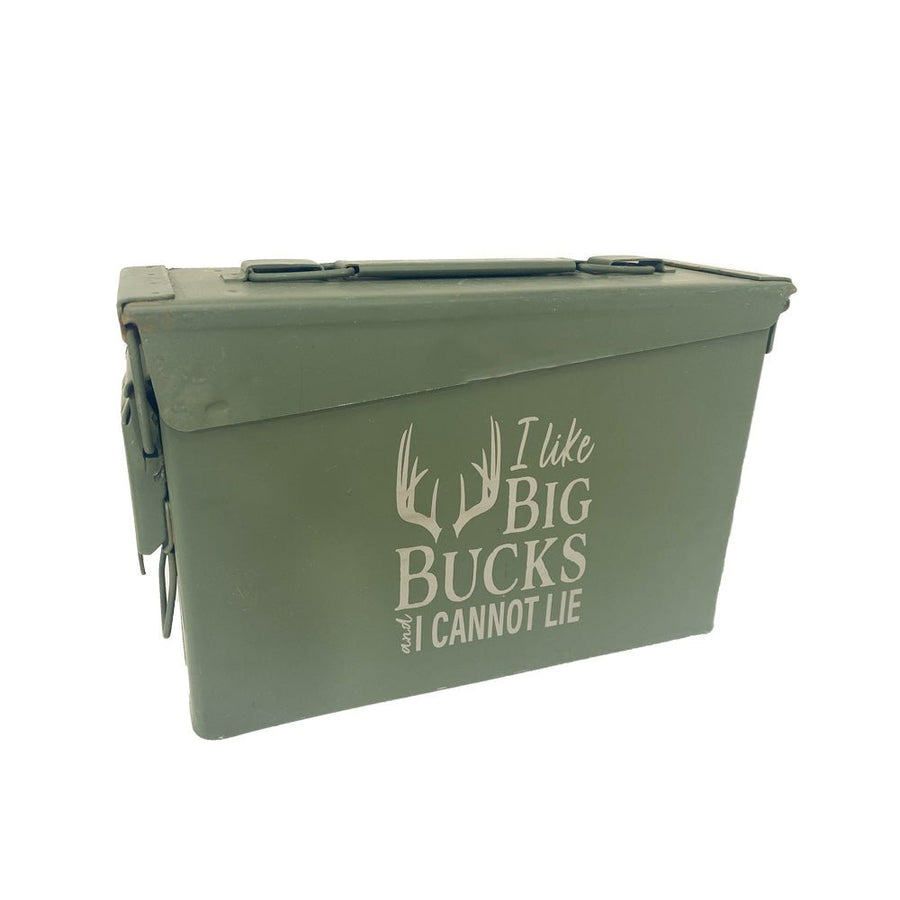 Laser Engraved - I LIKE BIG BUCKS - Used Grade 1 Ammo Cans with or w/o Lock Kit - Choose from 30cal, 50 Cal or FAT 50 Cal - ATOM Promotions