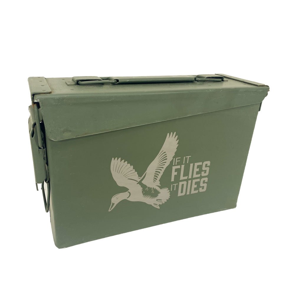 Laser Engraved - IF IT FLIES IT DIES - Used Grade 1 Ammo Cans with or w/o Lock Kit - Choose from 30cal, 50 Cal or FAT 50 Cal - ATOM Promotions