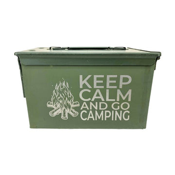 Laser Engraved - KEEP CALM AND GO CAMPING - Used Grade 1 Ammo Cans with or w/o Lock Kit - Choose from 30cal, 50 Cal or FAT 50 Cal - ATOM Promotions