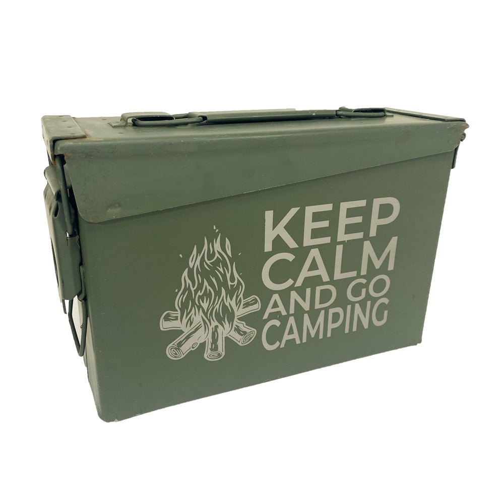 Laser Engraved - KEEP CALM AND GO CAMPING - Used Grade 1 Ammo Cans with or w/o Lock Kit - Choose from 30cal, 50 Cal or FAT 50 Cal - ATOM Promotions