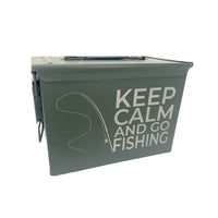 Laser Engraved - KEEP CALM AND GO FISHING - Used Grade 1 Ammo Cans with or w/o Lock Kit - Choose from 30cal, 50 Cal or FAT 50 Cal - ATOM Promotions