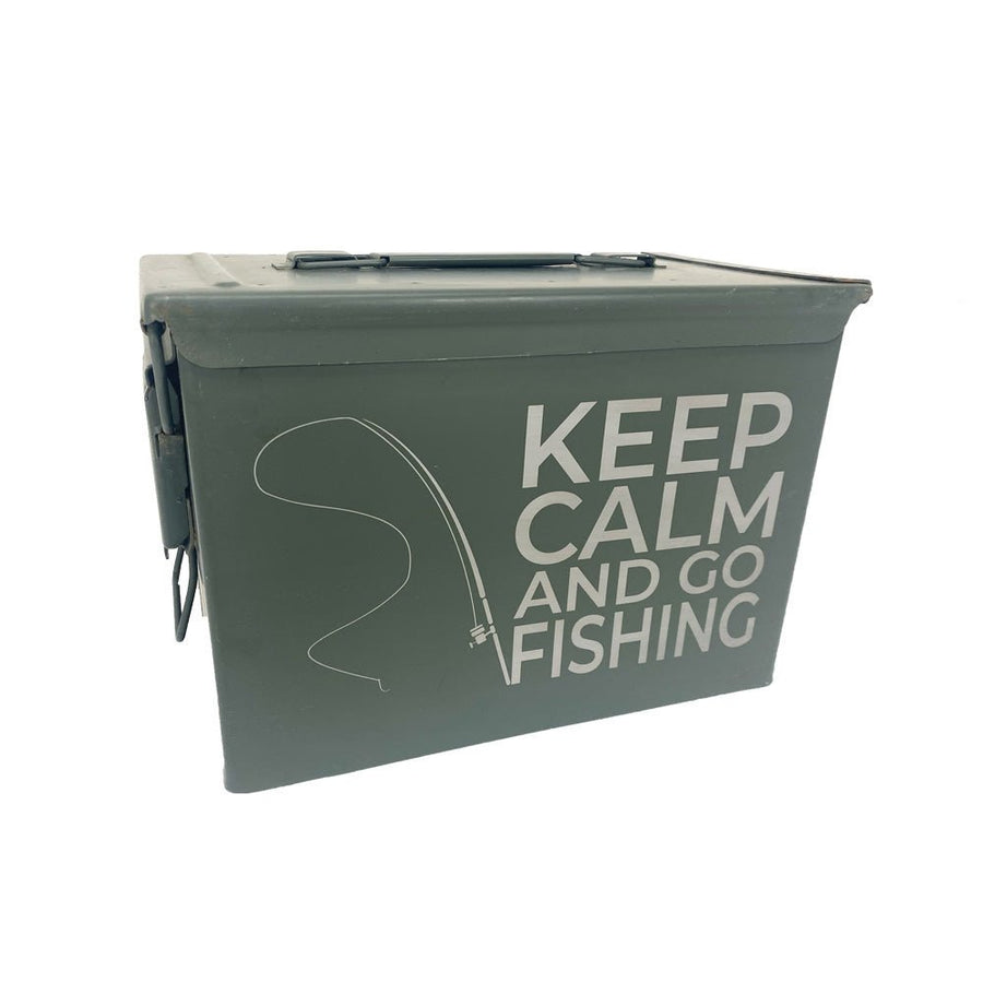 Laser Engraved - KEEP CALM AND GO FISHING - Used Grade 1 Ammo Cans with or w/o Lock Kit - Choose from 30cal, 50 Cal or FAT 50 Cal - ATOM Promotions