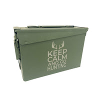 Laser Engraved - KEEP CALM AND GO HUNTING - Used Grade 1 Ammo Can with or w/o Lock Kit - Choose from 30cal, 50 Cal or FAT 50 Cal - ATOM Promotions