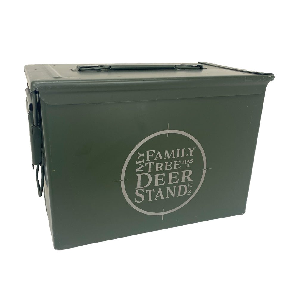 Laser Engraved - MY FAMILY TREE HAS A DEER STAND IN IT - Used Grade 1 Ammo Cans with or w/o Lock Kit - Choose from 30cal, 50 Cal or FAT 50 Cal - ATOM Promotions