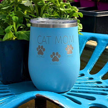 Personalized Laser Engraved - CAT MOM & PETS [NAMES] - 12 oz. Tumbler - 17 Colors! - ATOM Promotions